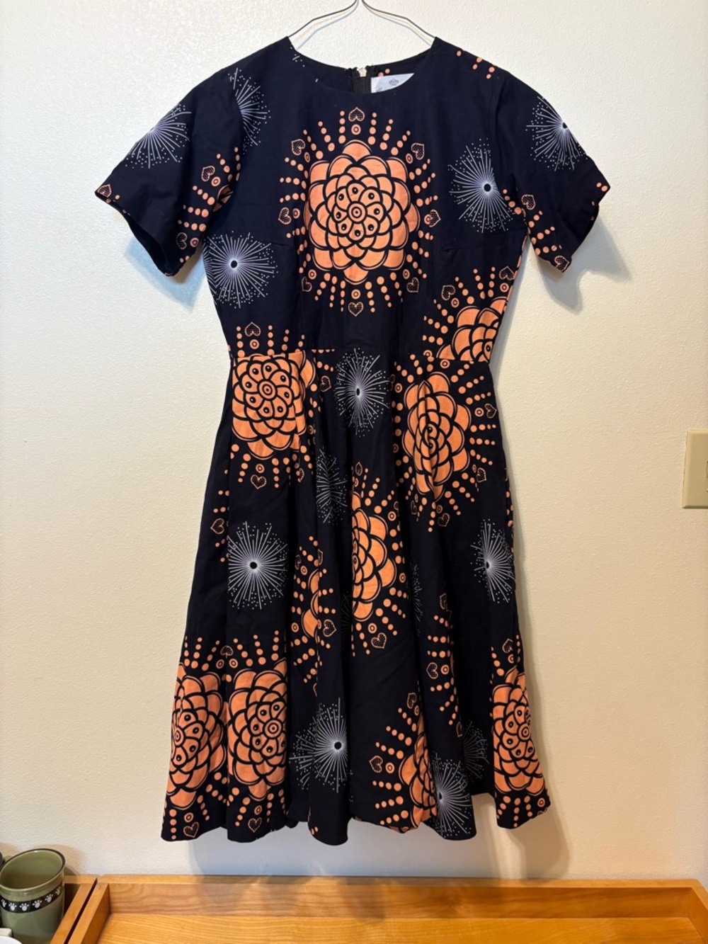 Handmade in Africa Black Midi Dress with orange Floral Medallion Print